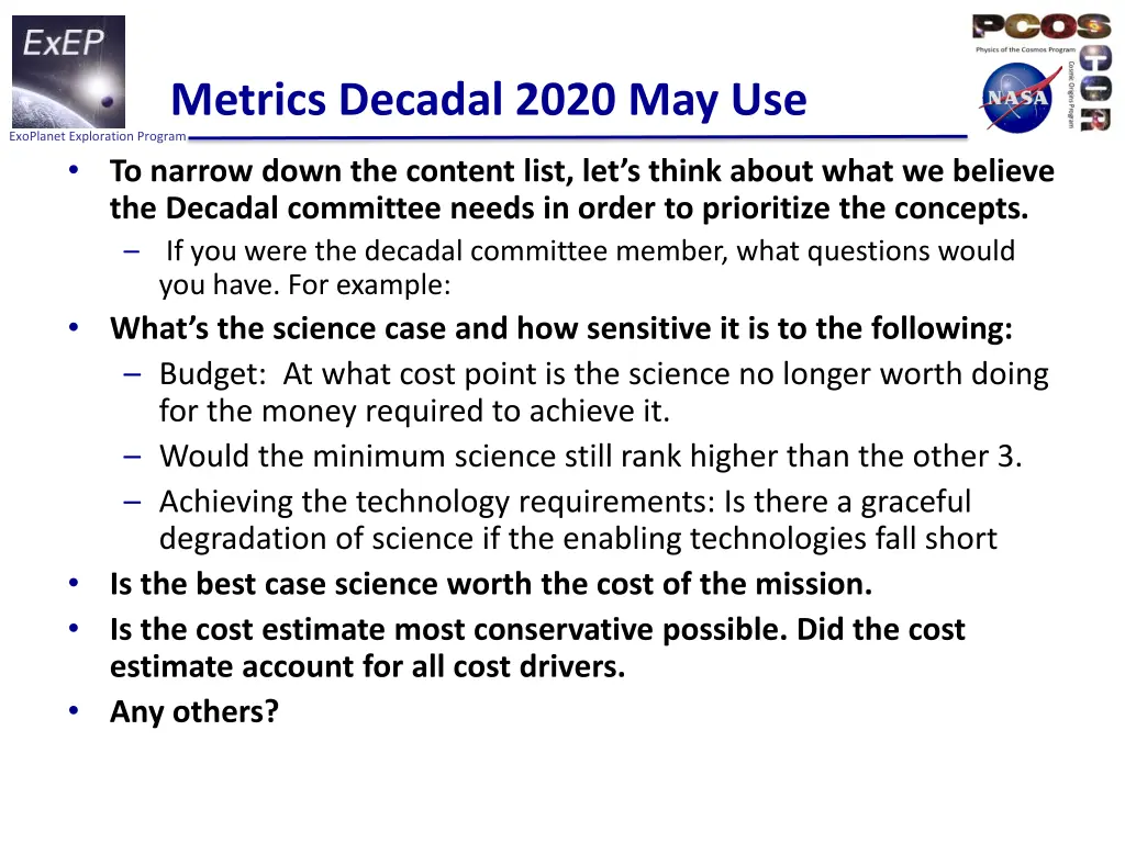 exoplanet exploration program metrics decadal