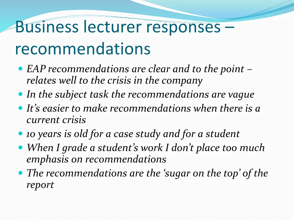 business lecturer responses recommendations