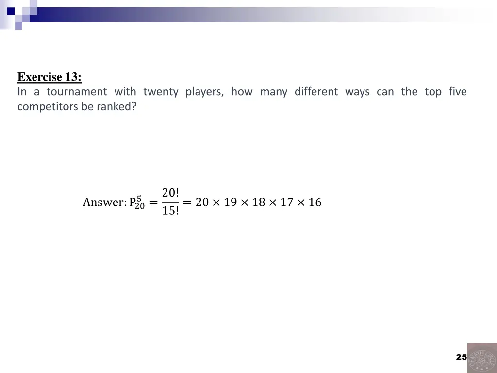 exercise 13 in a tournament with twenty players