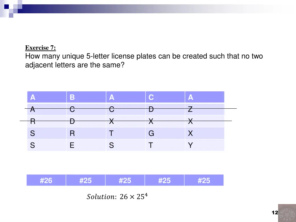 exercise 7 how many unique 5 letter license