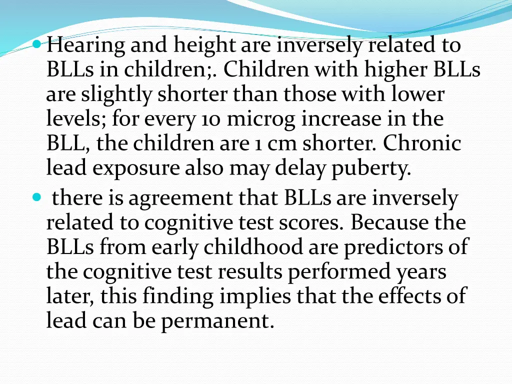 hearing and height are inversely related to blls