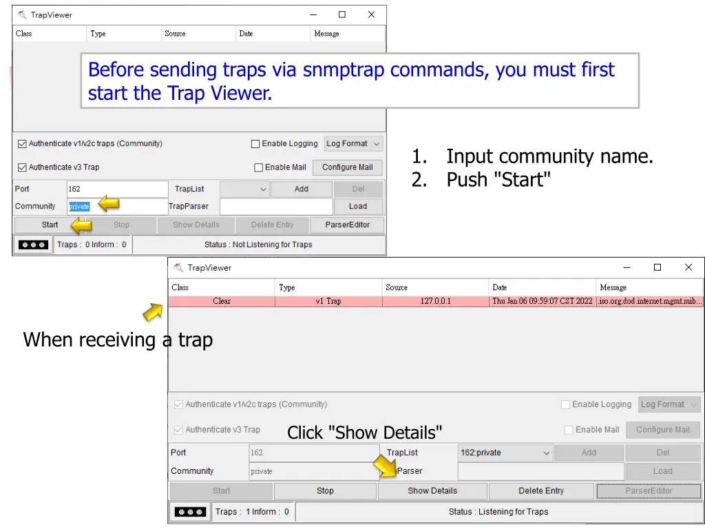 before sending traps via snmptrap commands