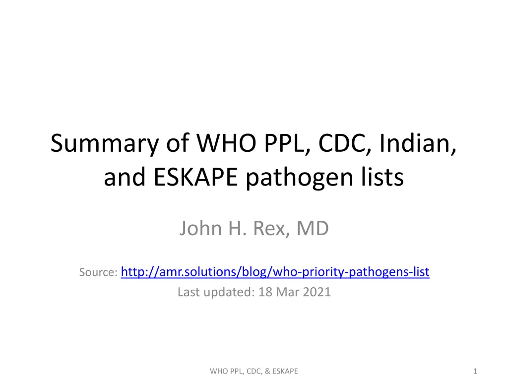 summary of who ppl cdc indian and eskape pathogen