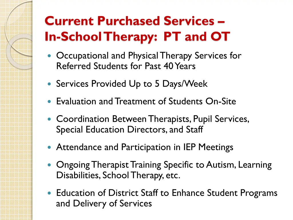 current purchased services in school therapy