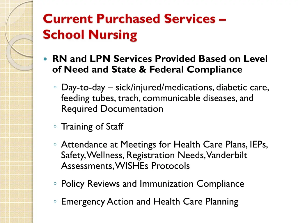 current purchased services school nursing