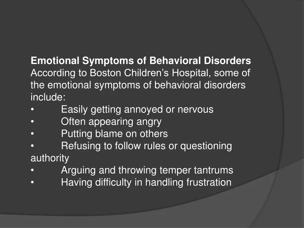 emotional symptoms of behavioral disorders