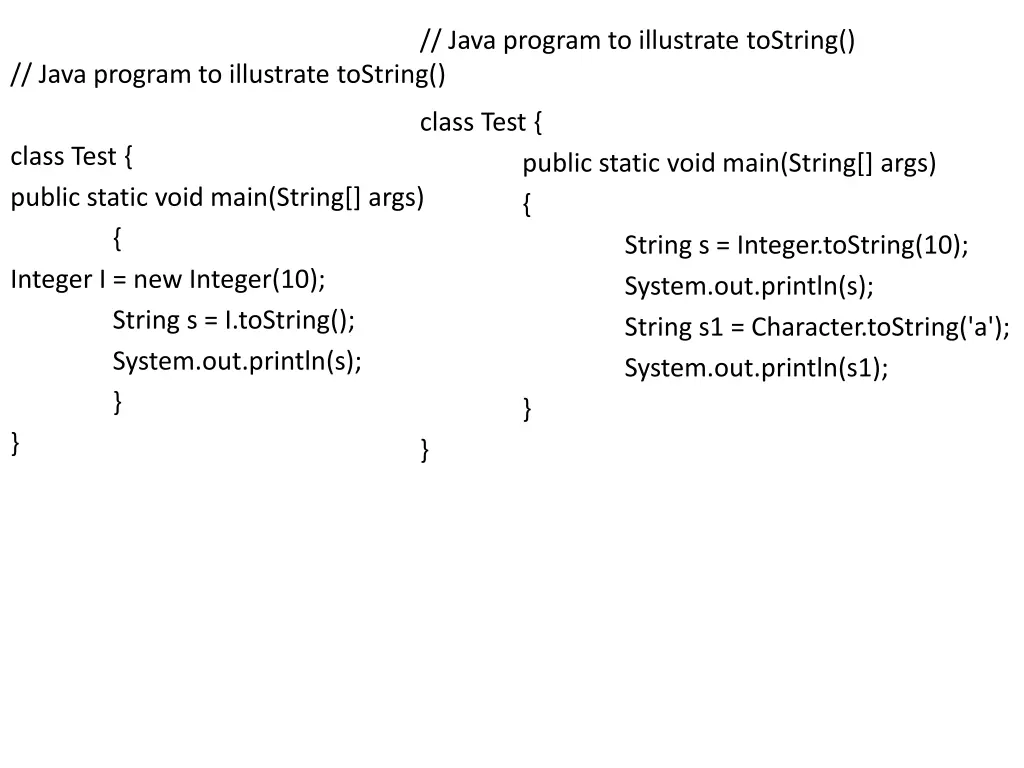 java program to illustrate tostring
