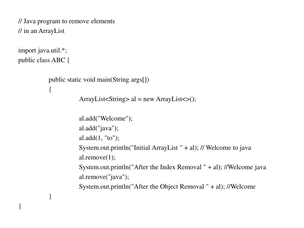 java program to remove elements in an arraylist