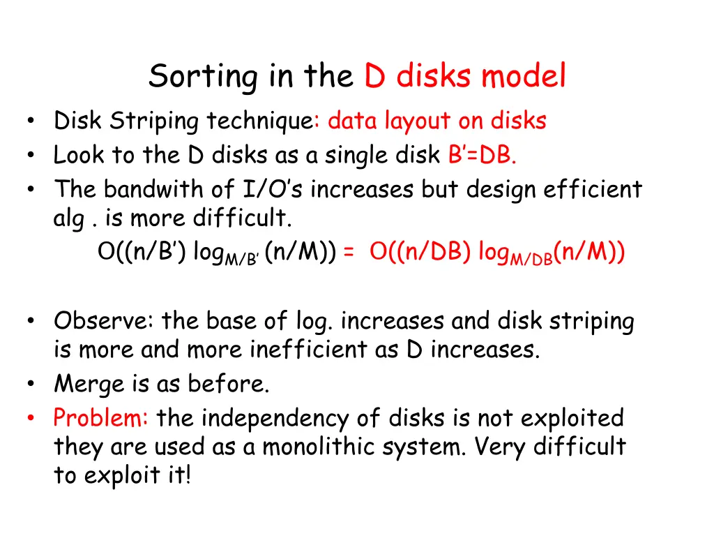 sorting in the d disks model disk striping
