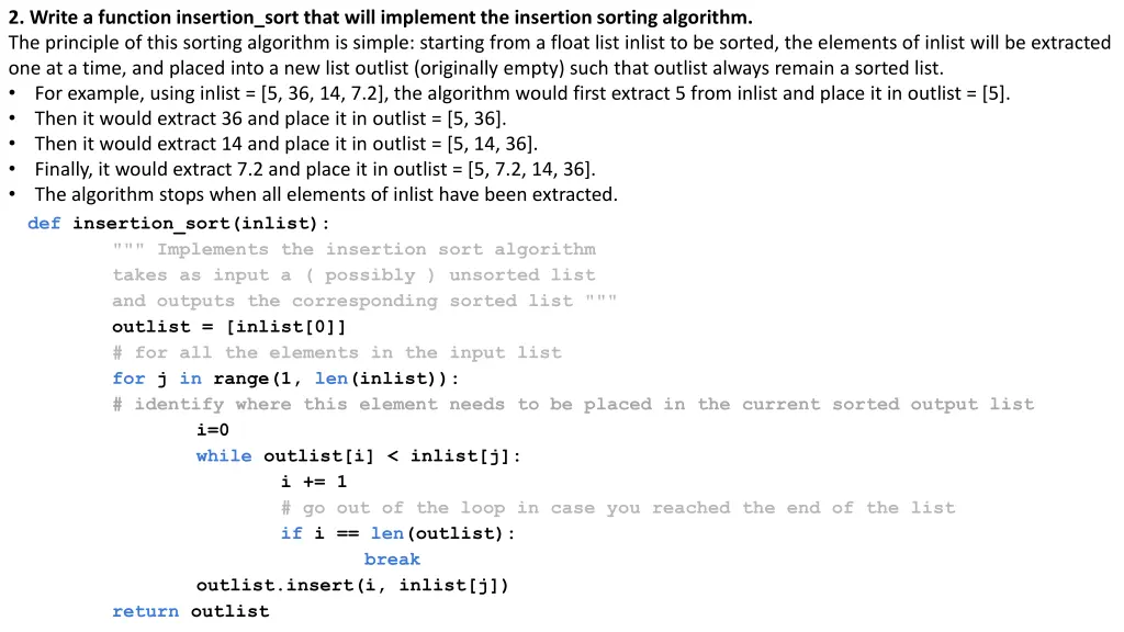 2 write a function insertion sort that will 1