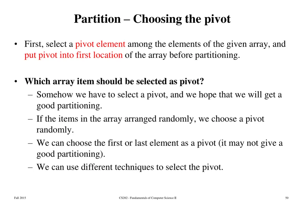 partition choosing the pivot