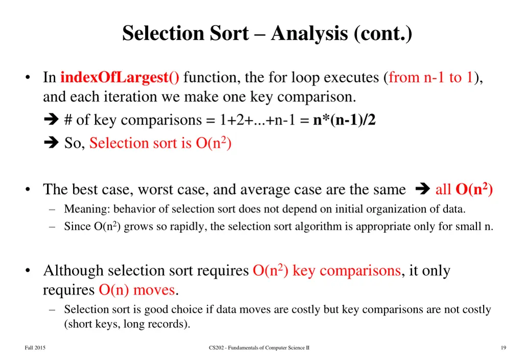 selection sort analysis cont