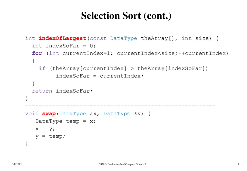 selection sort cont 2