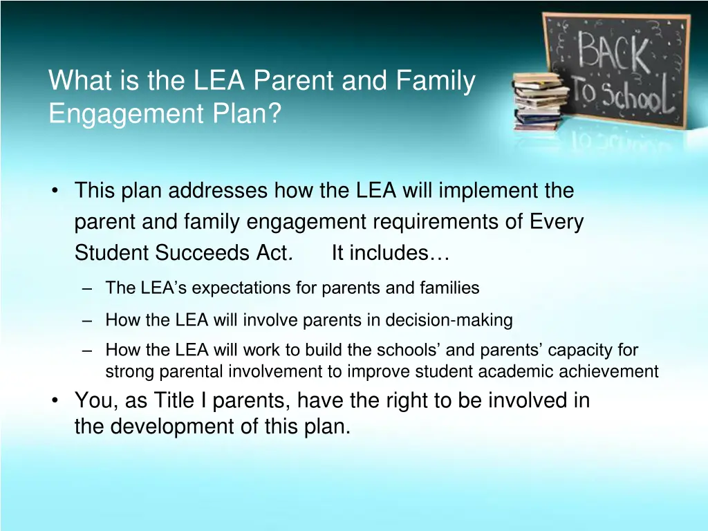 what is the lea parent and family engagement plan