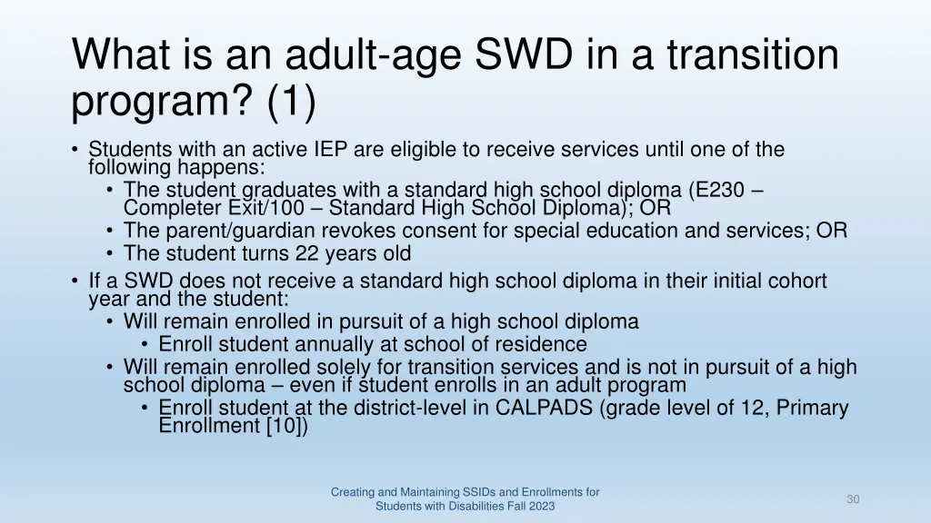 what is an adult age swd in a transition program 1