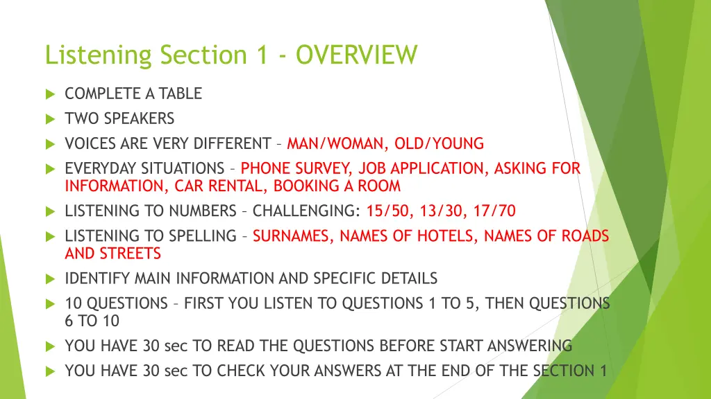listening section 1 overview