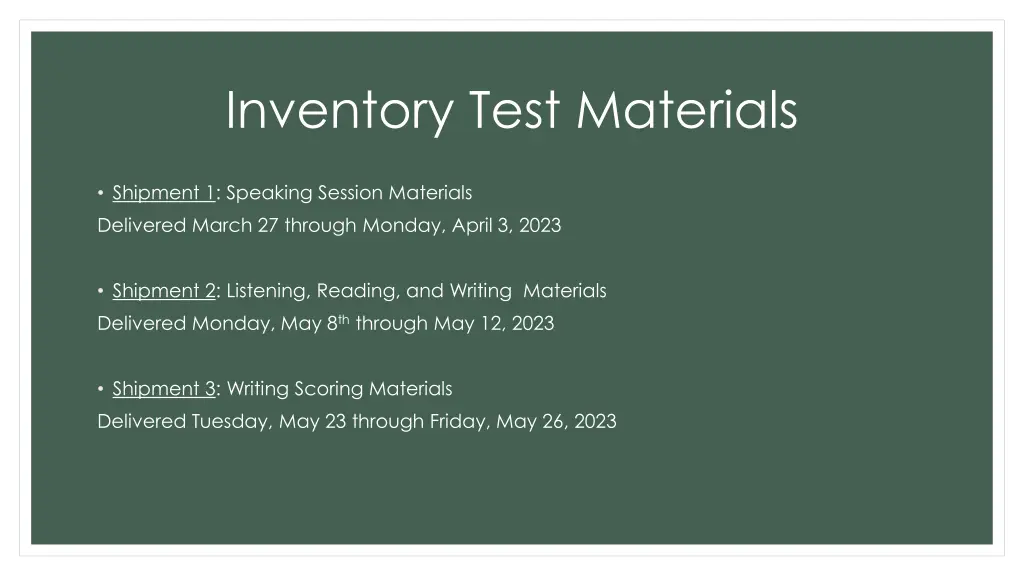 inventory test materials