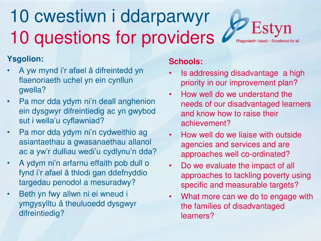 10 cwestiwn i ddarparwyr 10 questions