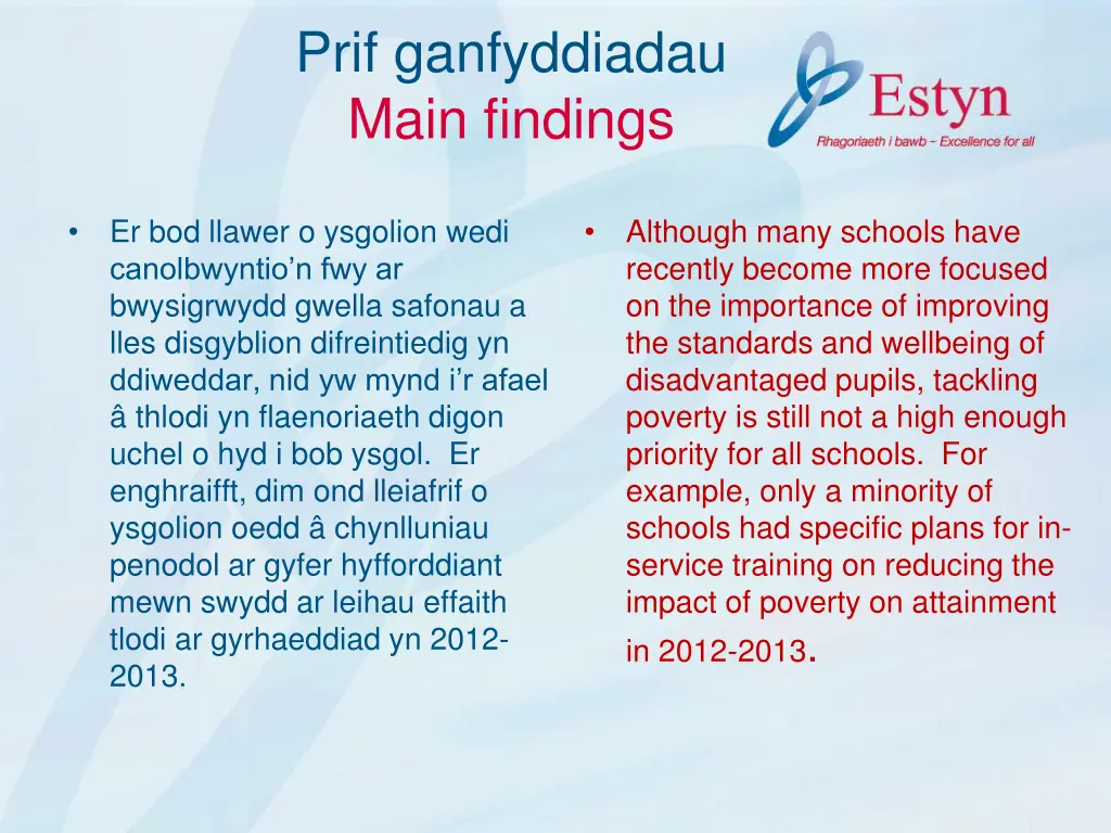 prif ganfyddiadau main findings