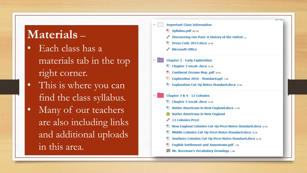 materials each class has a materials