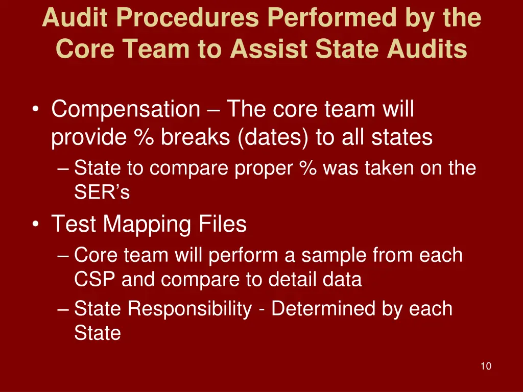 audit procedures performed by the core team 1