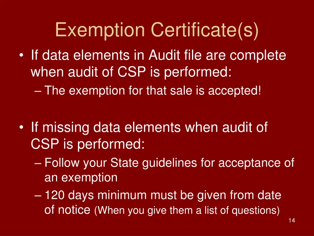 exemption certificate s if data elements in audit