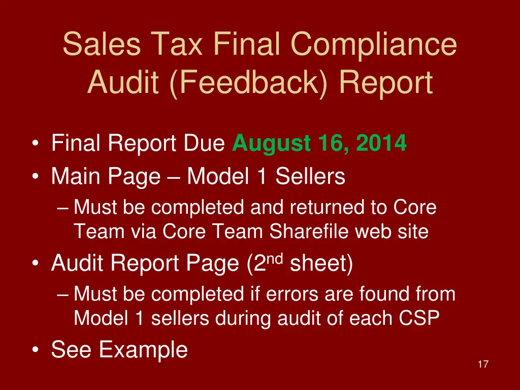 sales tax final compliance audit feedback report