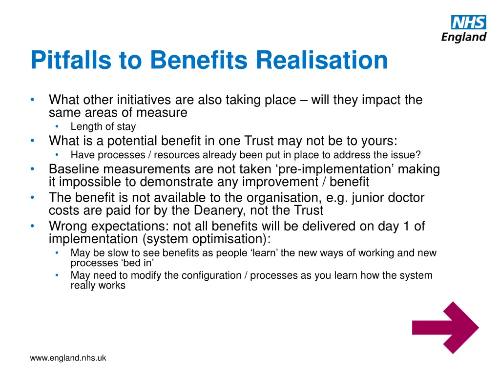 pitfalls to benefits realisation