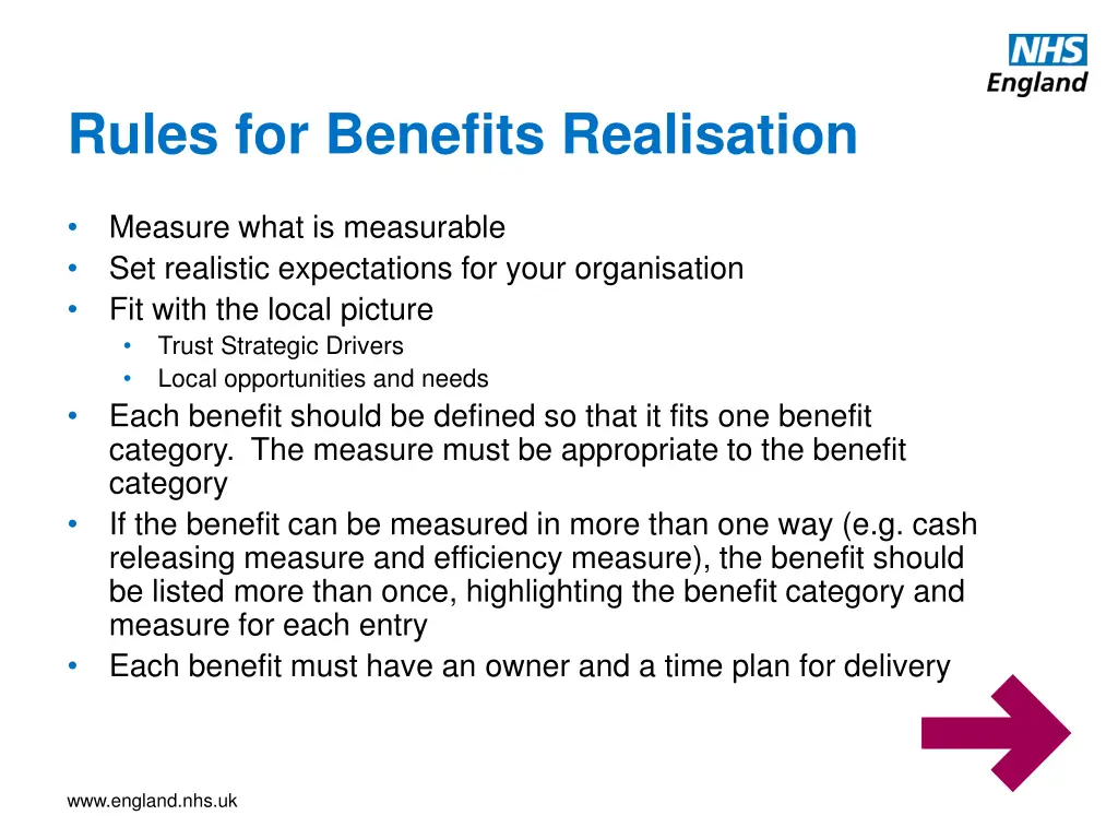 rules for benefits realisation