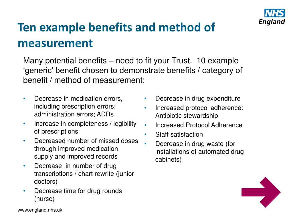 ten example benefits and method of measurement