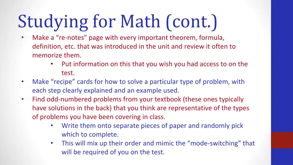 studying for math cont make a re notes page with