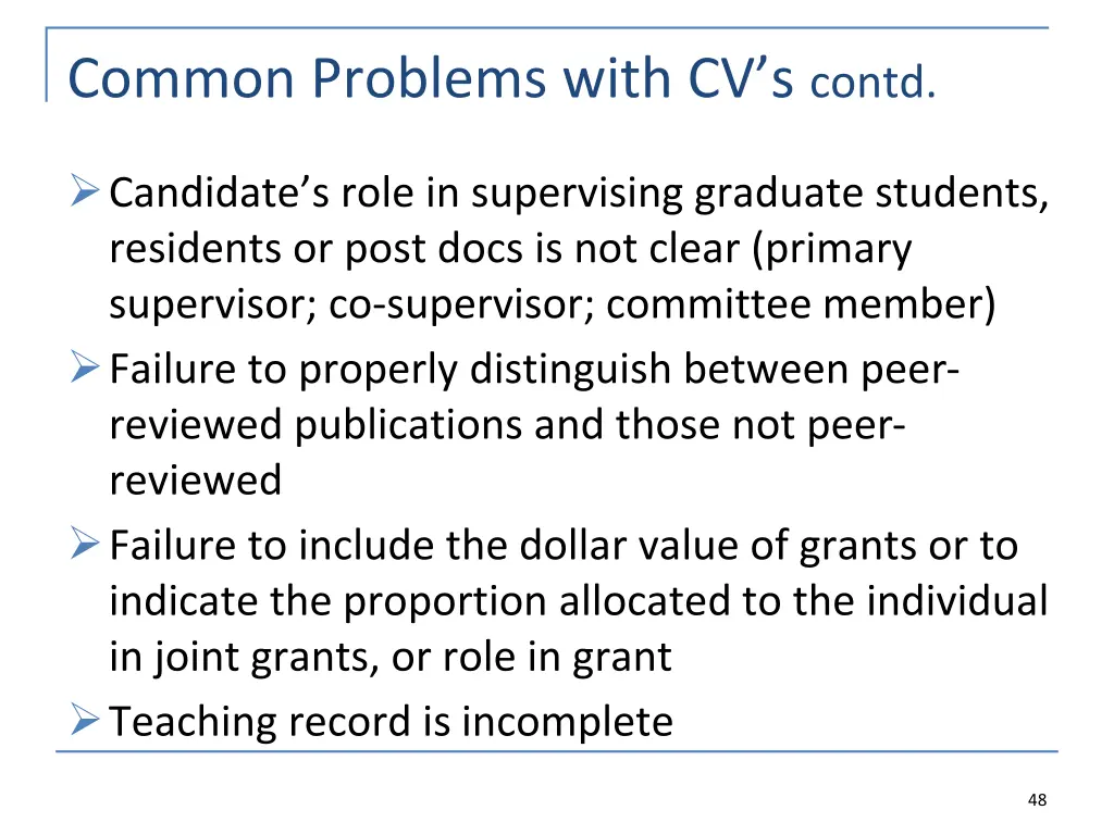 common problems with cv s contd