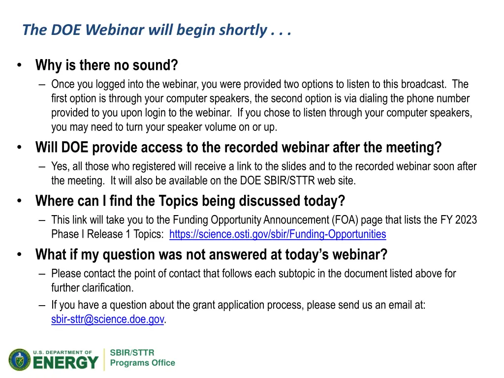 the doe webinar will begin shortly