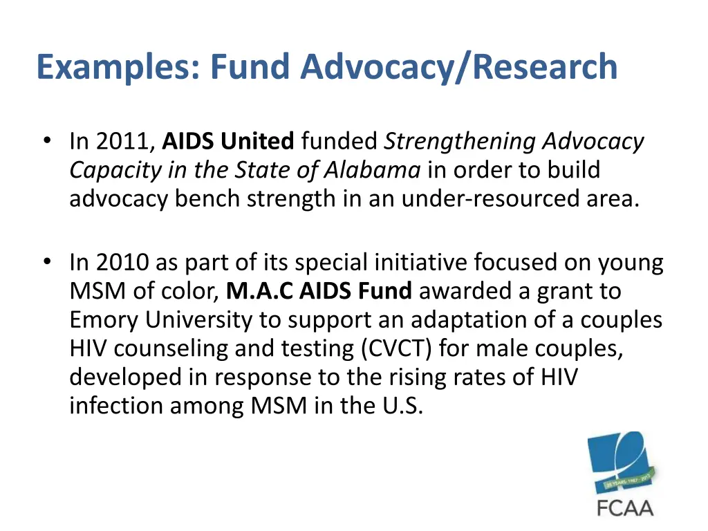 examples fund advocacy research