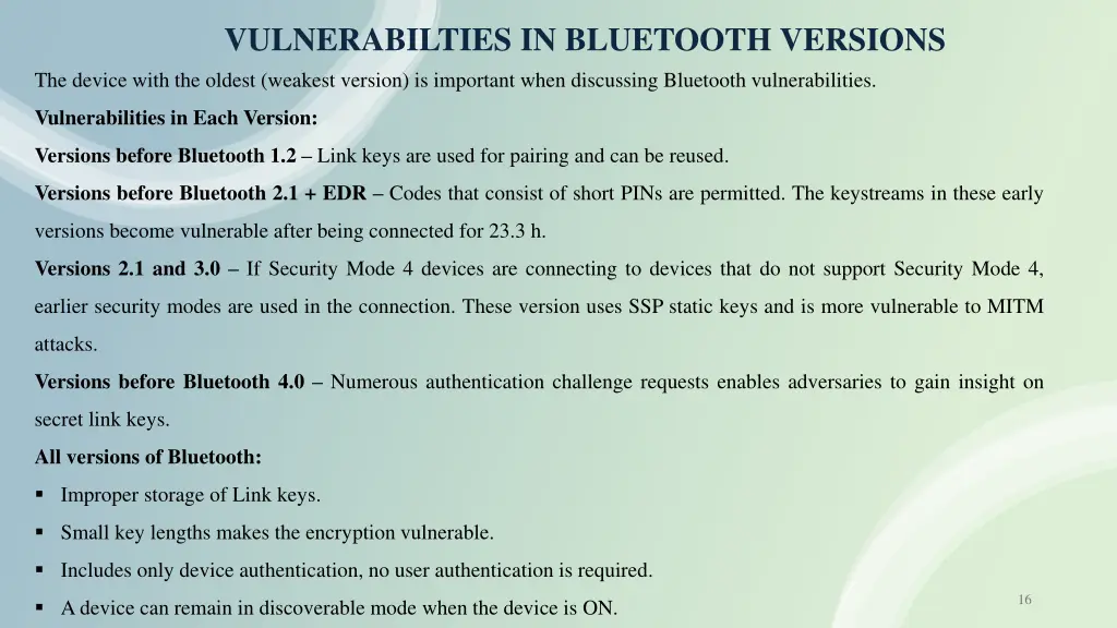 vulnerabilties in bluetooth versions the device