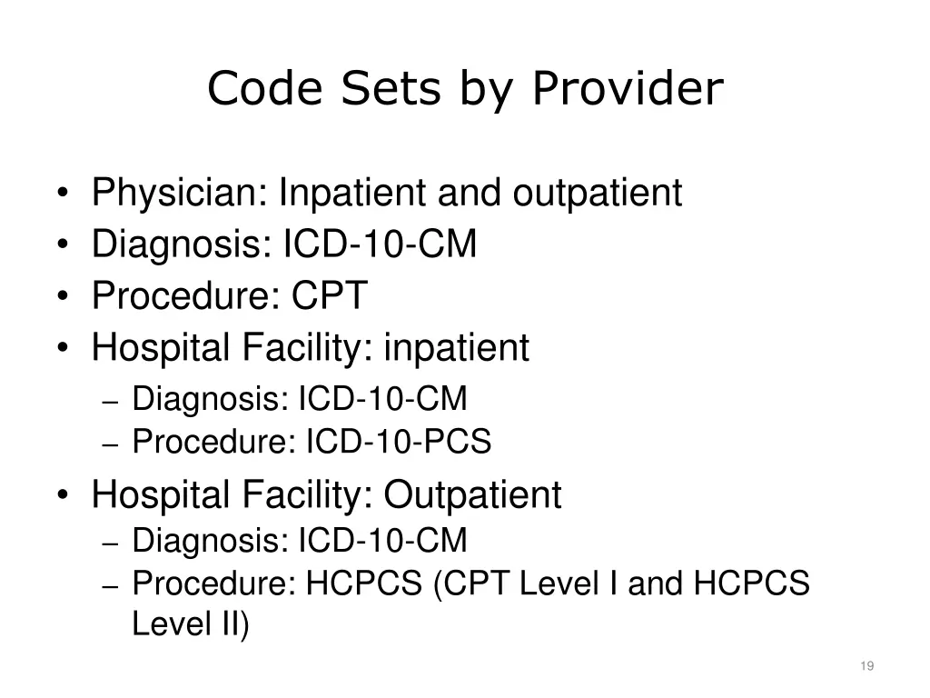code sets by provider
