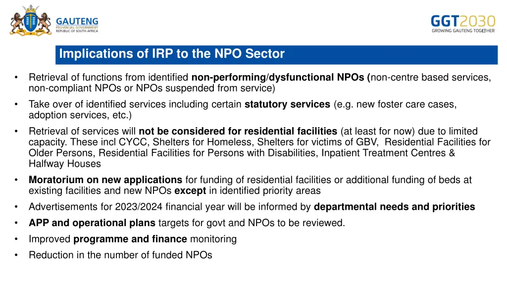 implications of irp to the npo sector