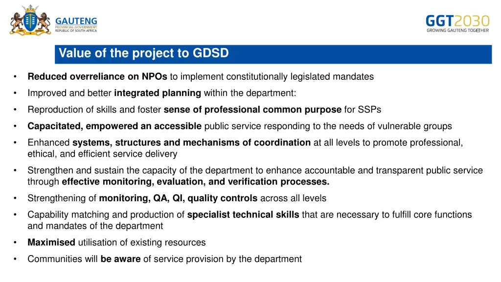 value of the project to gdsd