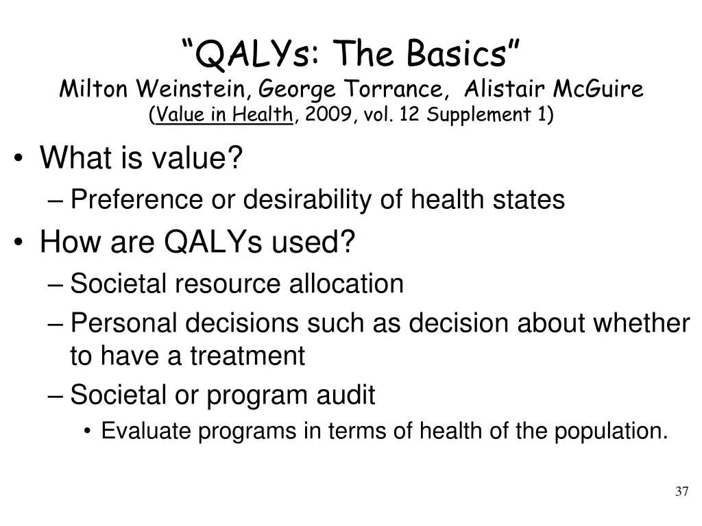 qalys the basics milton weinstein george torrance