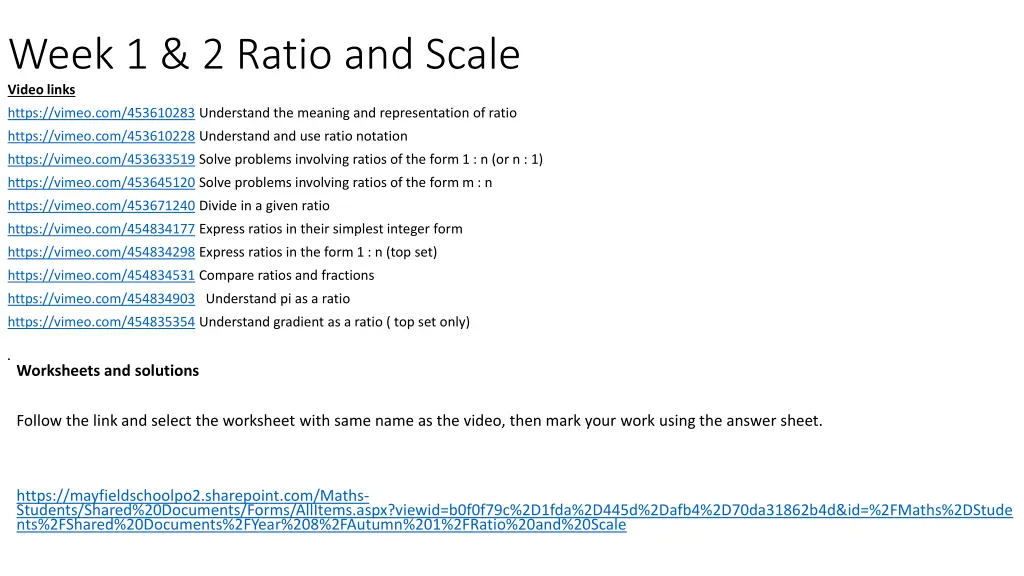week 1 2 ratio and scale video links
