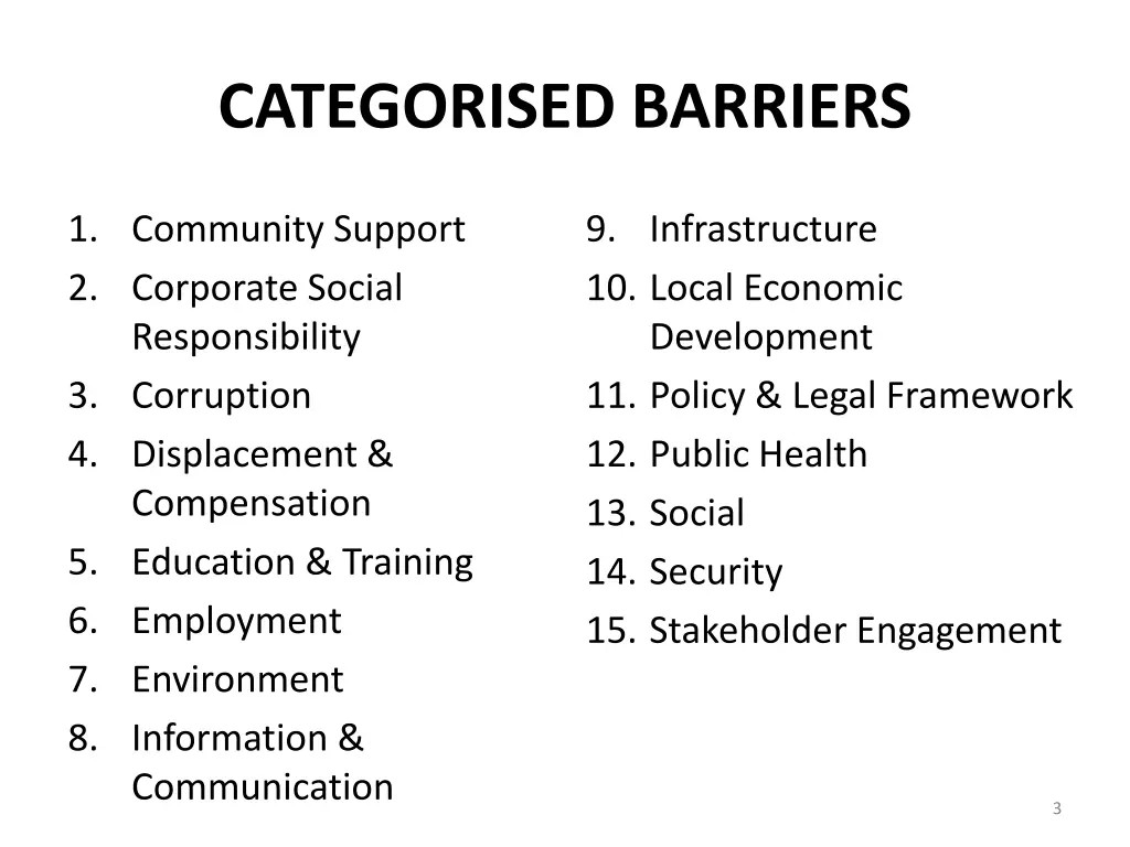 categorised barriers