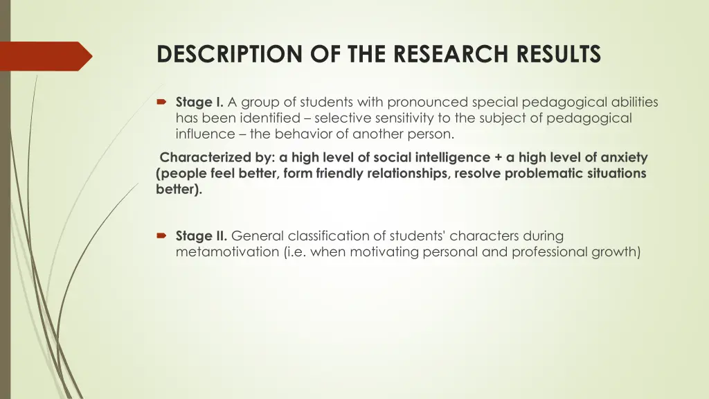 description of the research results