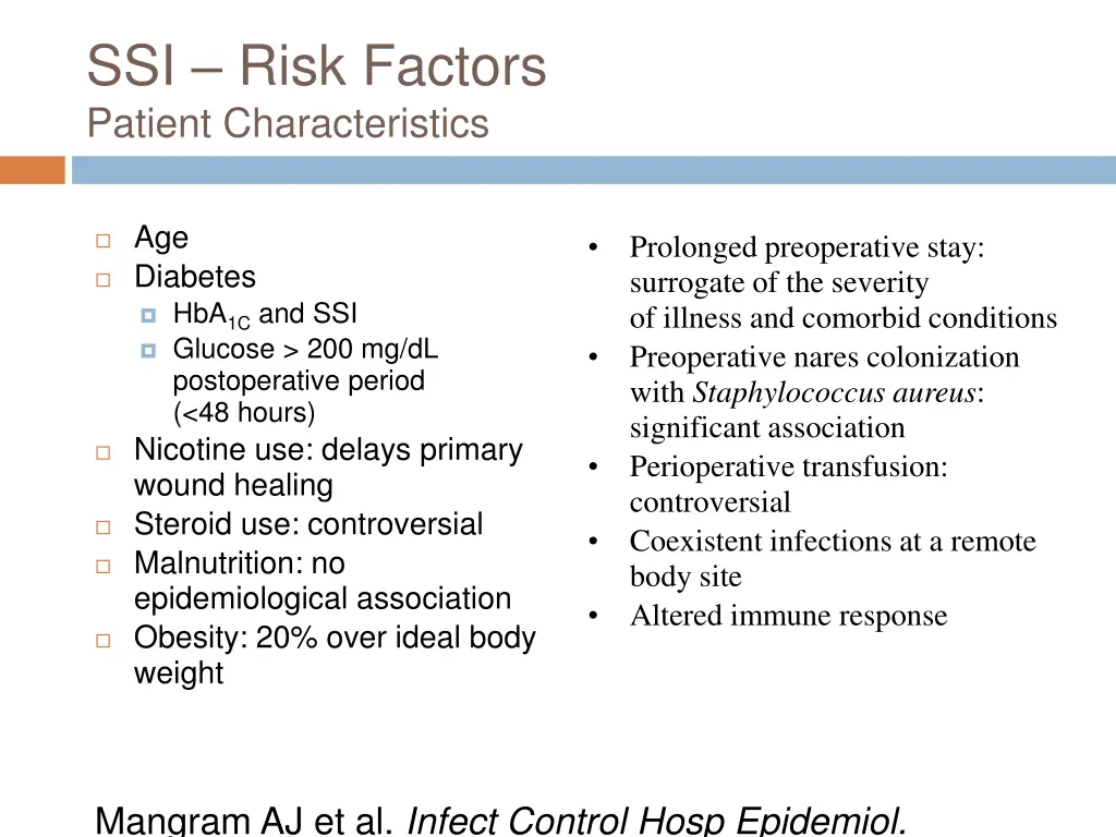 ssi risk factors patient characteristics