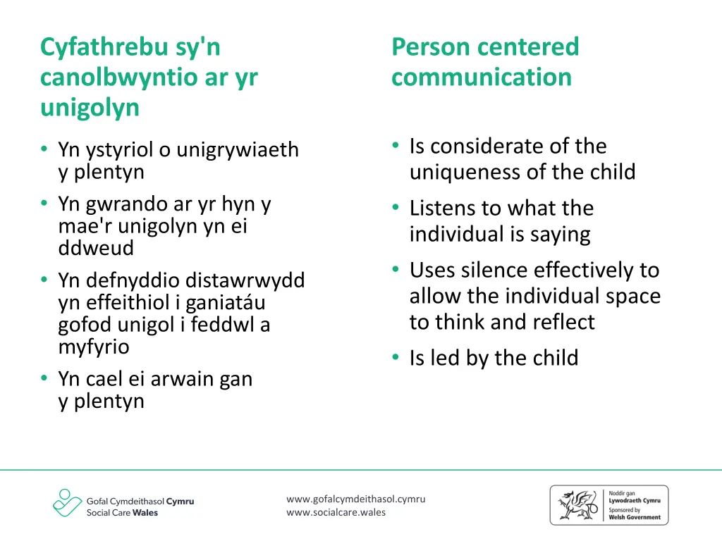cyfathrebu sy n canolbwyntio ar yr unigolyn
