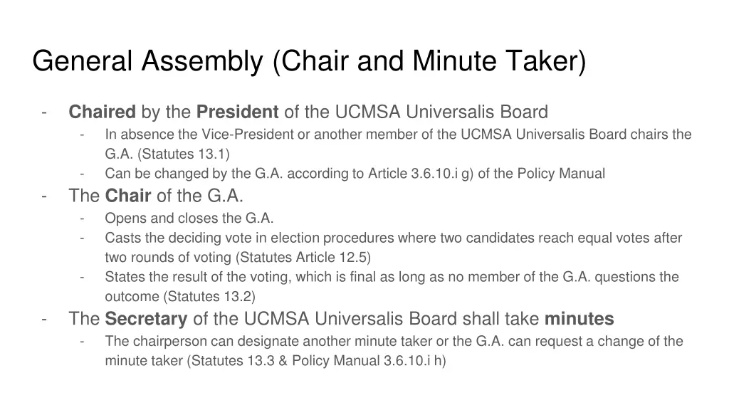 general assembly chair and minute taker