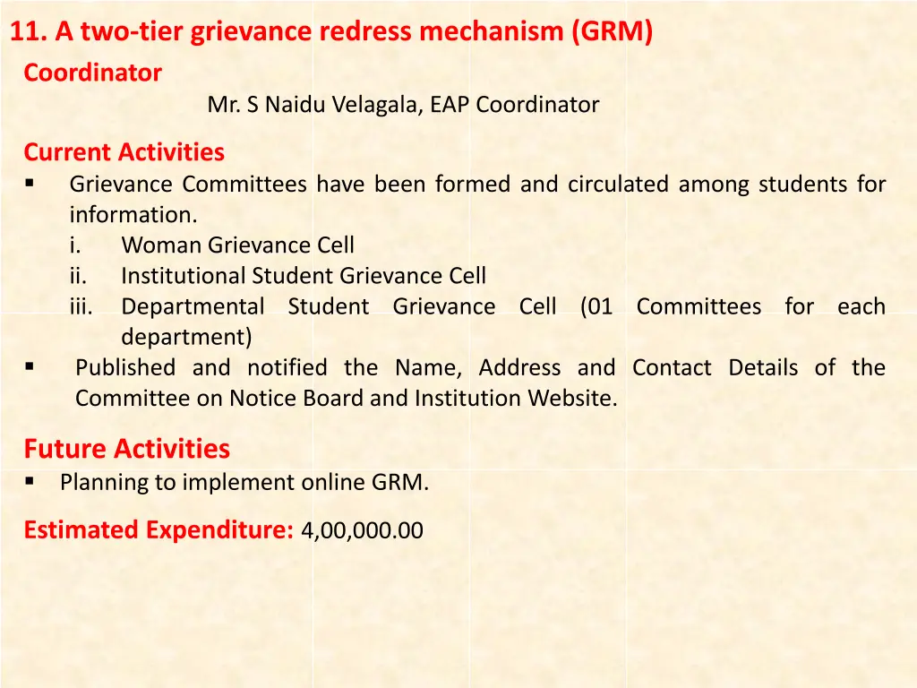 11 a two tier grievance redress mechanism