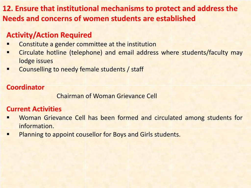 12 ensure that institutional mechanisms