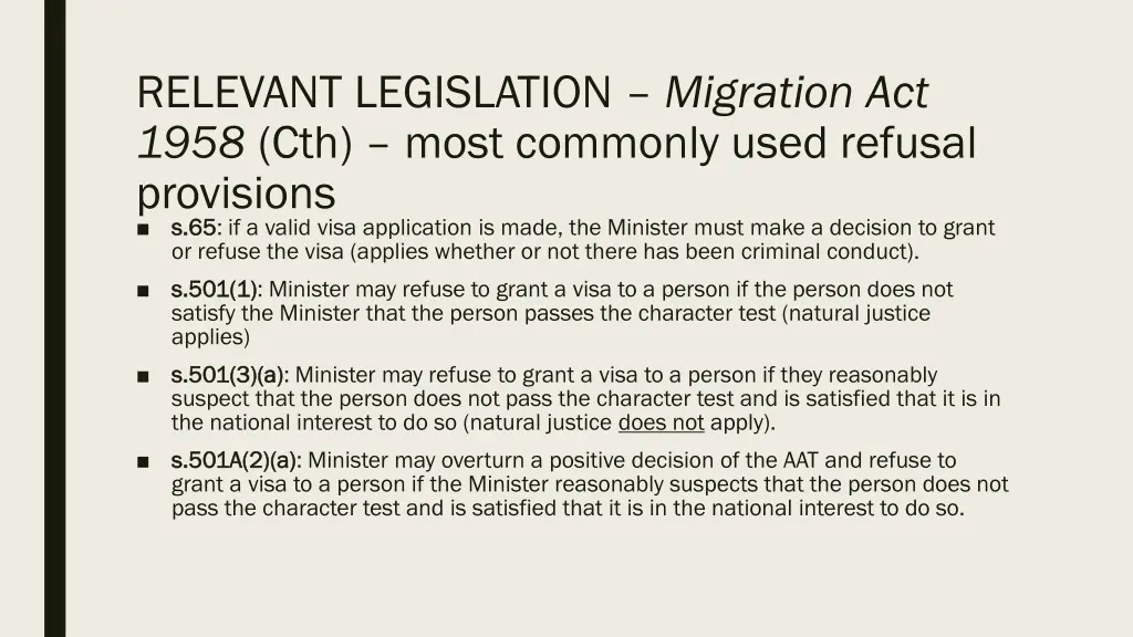 relevant legislation migration act 1958 cth most