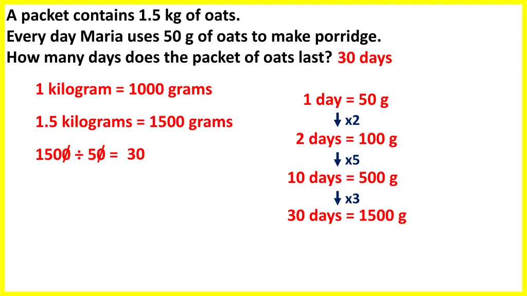 a packet contains 1 5 kg of oats every day maria