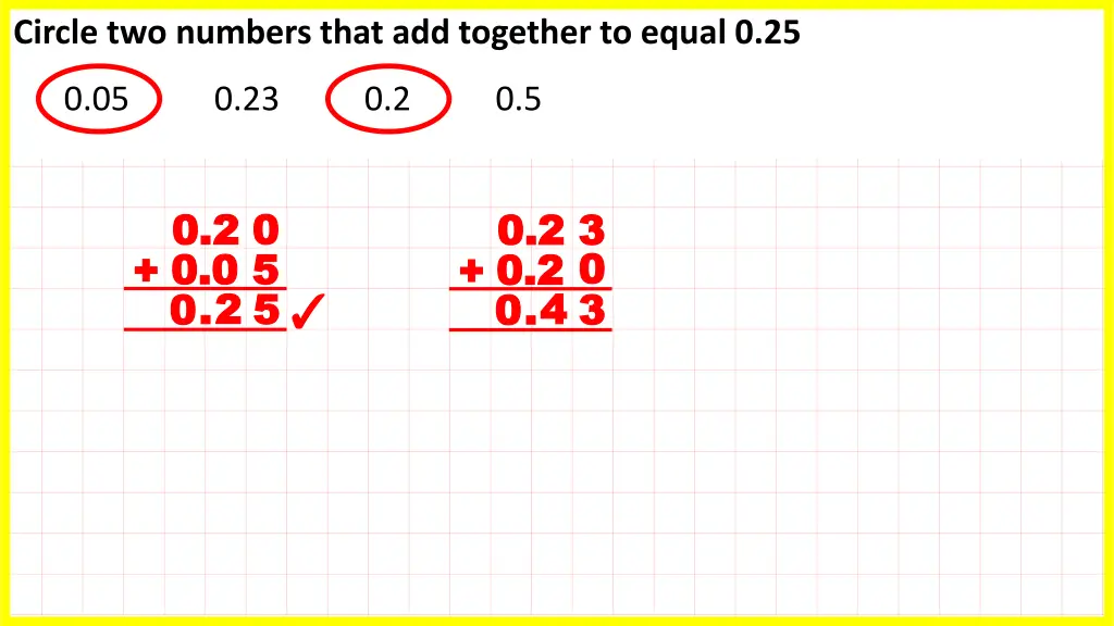 circle two numbers that add together to equal 0 25